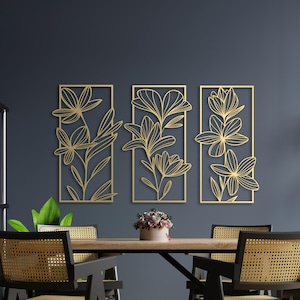 Set of 3 Large Metal Wall Art, Floral Gold Wall Art, Living Room Wall Art, Bedroom Wall Decor, Wall Hanging, Flower Wall Decor