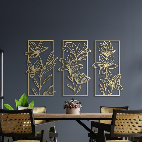 Set of 3 Large Metal Wall Art, Floral Gold Wall Art, Living Room Wall Art, Bedroom Wall Decor, Wall Hanging, Flower Wall Decor