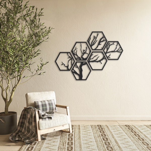 Arbre hexagonal 6 pièces - 4 art mural en métal, décoration murale en métal, art en métal, tentures murales, art mural géométrique, panneau mural, déco murale en métal