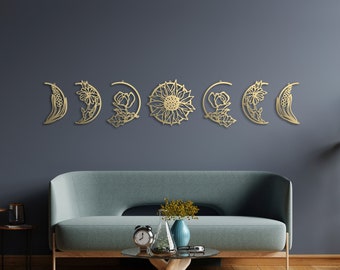 Gold Floral Moon Phase Metal Wall Art, Bedroom Wall Decoration, Metal Art, Moon Wall Art, Moon Decor, Housewarming Gift,