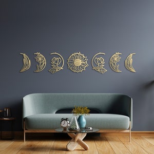 Gold Floral Moon Phase Metal Wall Art, Bedroom Wall Decoration, Metal Art, Moon Wall Art, Moon Decor, Housewarming Gift, image 1