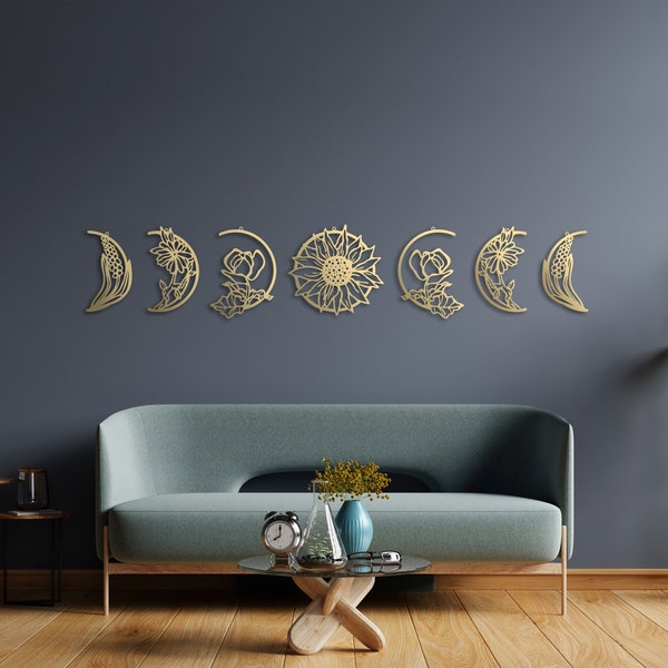 Art mural floral en métal doré phases de lune, décoration murale de chambre à coucher, art en métal, art mural lune, décoration lune, cadeau de pendaison de crémaillère,