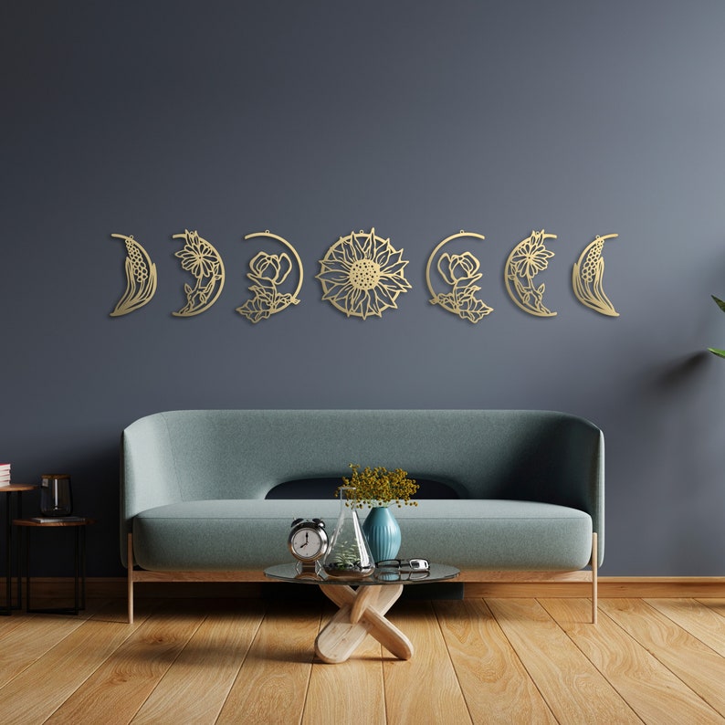 Gold Floral Moon Phase Metal Wall Art, Bedroom Wall Decoration, Metal Art, Moon Wall Art, Moon Decor, Housewarming Gift, image 1