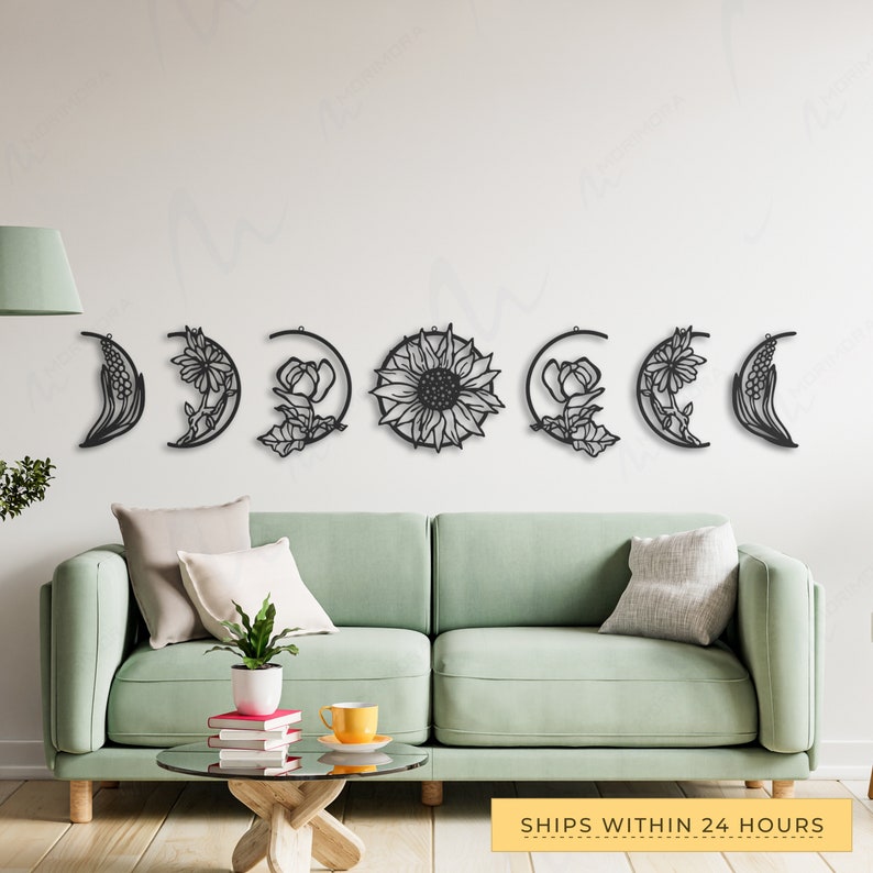 Gold Floral Moon Phase Metal Wall Art, Bedroom Wall Decoration, Metal Art, Moon Wall Art, Moon Decor, Housewarming Gift, image 2