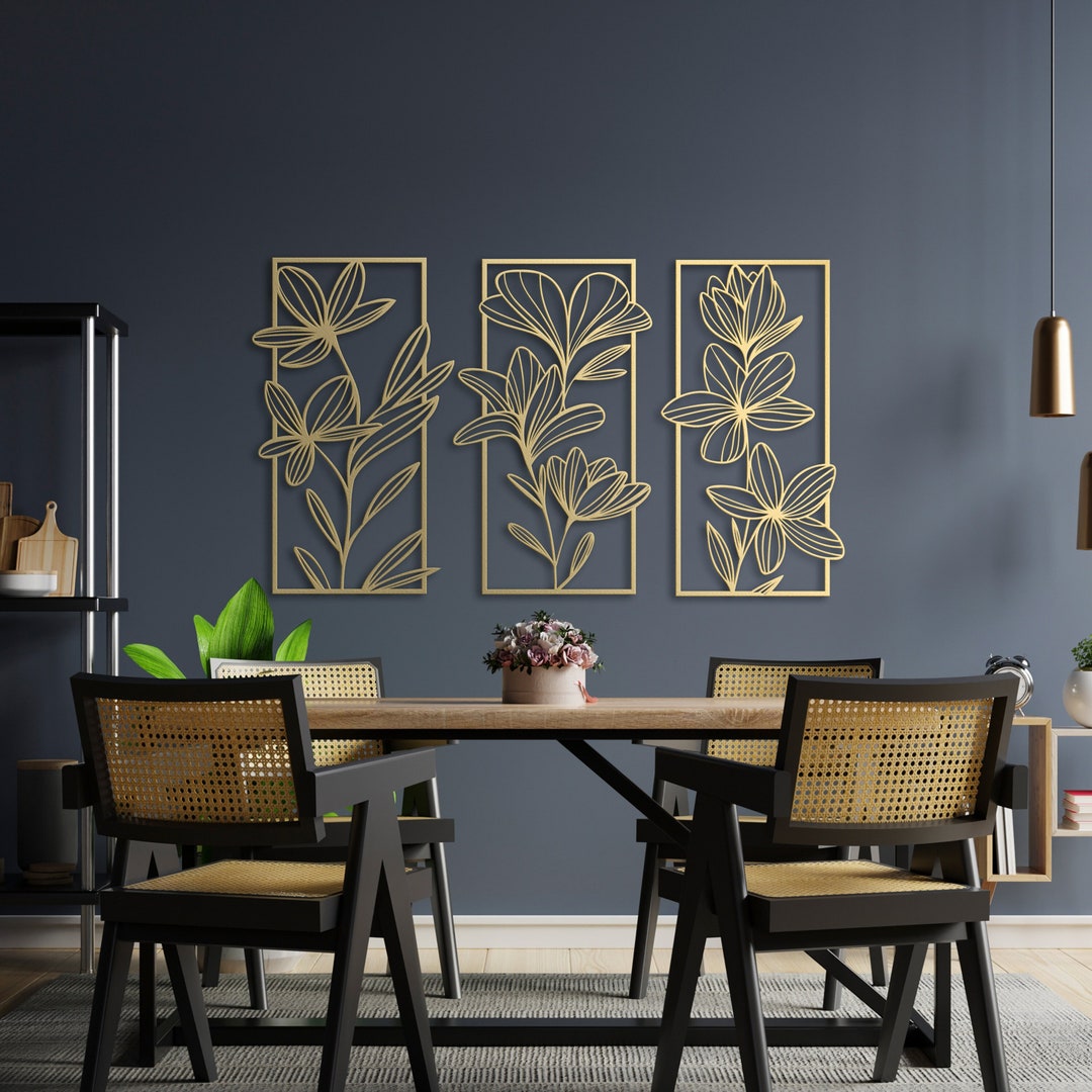 3 Piece Gold Flower Wall Art, Floral Metal Wall Decor, Bedroom Wall