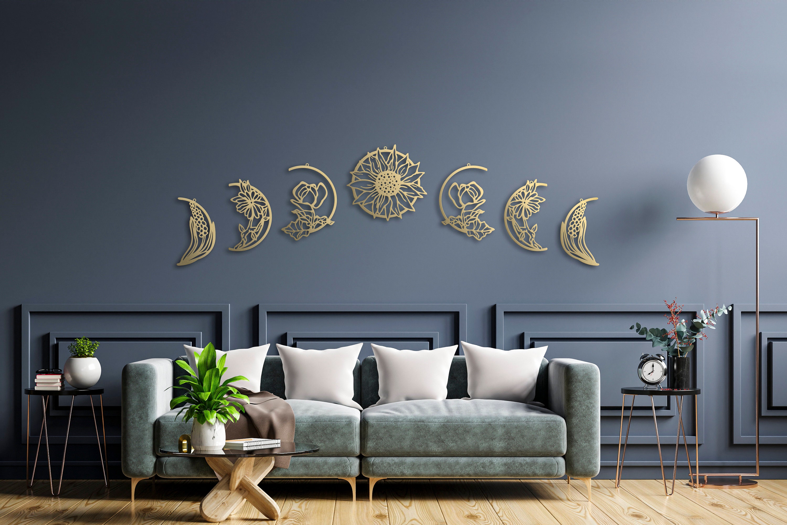 Gold Floral Moon Phase Metal Wall Art Bedroom Wall Etsy UK