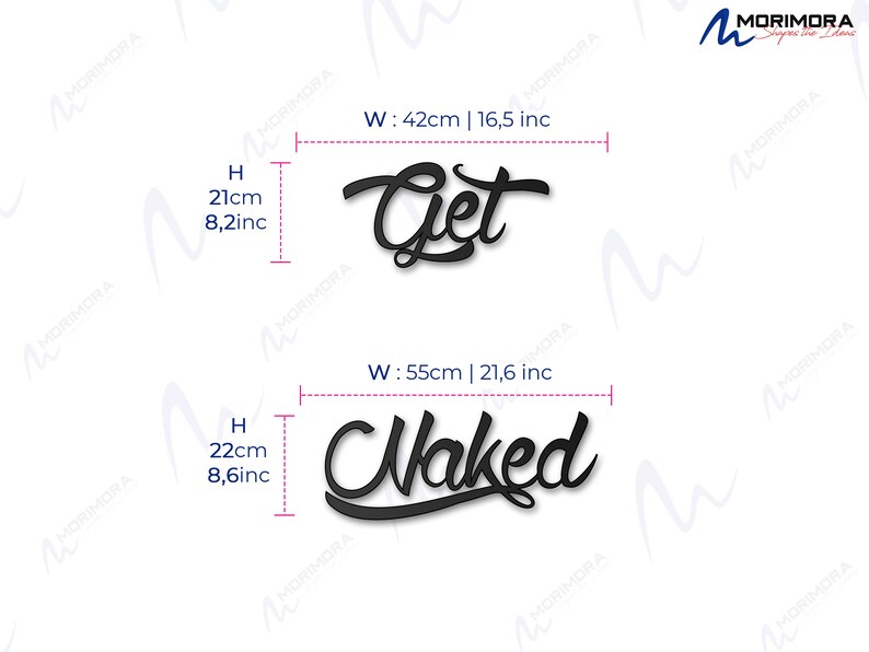 May include: Two black wooden signs with white text. The top sign reads "Get" and is 16.5 inches wide and 8.2 inches tall. The bottom sign reads "Naked" and is 21.6 inches wide and 8.6 inches tall.