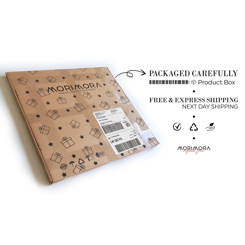 May include: A brown cardboard box with a white label and the text "MORIMORA" and "www.morimora.com". The box is decorated with a pattern of stars and gift boxes. The text "PACKAGED CAREFULLY" and "FREE & EXPRESS SHIPPING NEXT DAY SHIPPING" is printed on a white label on the right side of the image.