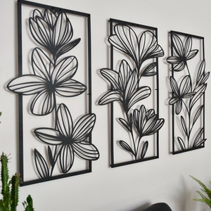 3 Piece Flower Wall Art, Floral Metal Wall Decor, Bedroom Wall Decor, Above Bed Decor, Living Room Wall Decor