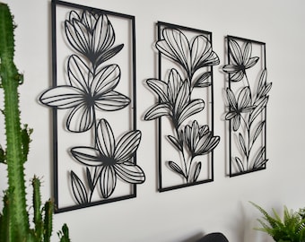 Arte de pared de flores de 3 piezas, decoración de pared de metal floral, decoración de pared de dormitorio, decoración de encima de la cama, decoración de pared de sala de estar