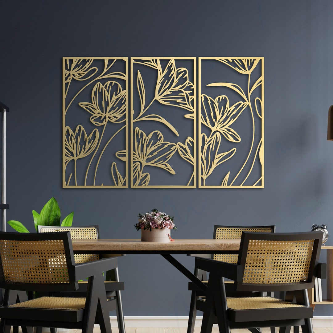 Large Gold Wall Art, Metal Wall Decor, Decoration Living Room Wall Art Framed, Floral Artwork