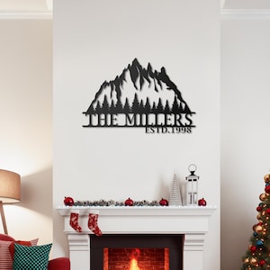 Custom Mountain Metal Sign - Personalized Family Name Rustic Wall Art - Cabin Decor, Outdoor Nature Sign, Gift for Nature Lovers