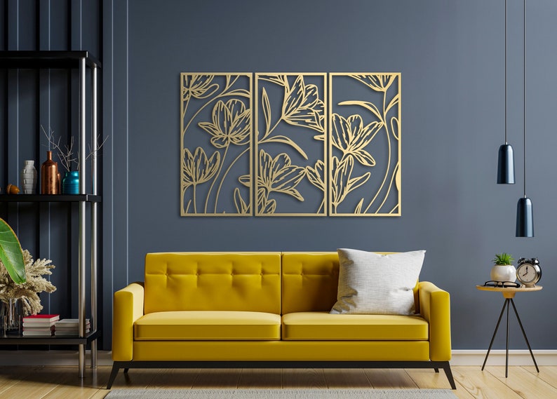 3 Piece Gold Flower Wall Art Large Wall Decors Floral Metal Etsy