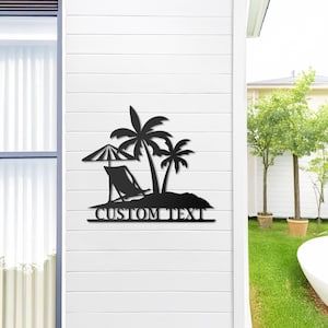 Custom Beach Metal Sign - Personalized Tropical Wall Art - Palm Tree and Relaxing Chair Decor, Coastal Vacation Home Gift