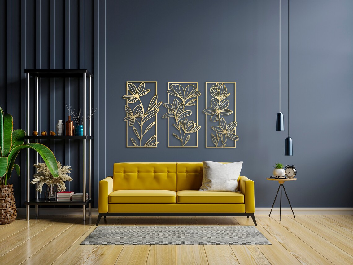 3 Piece Gold Flower Wall Art Floral Metal Wall Decor Bedroom - Etsy