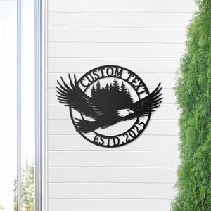 Cartello in metallo con aquila personalizzata - Arte murale rustica personalizzata - Design foresta e aquila, decorazione per esterni, cartello con nome di famiglia