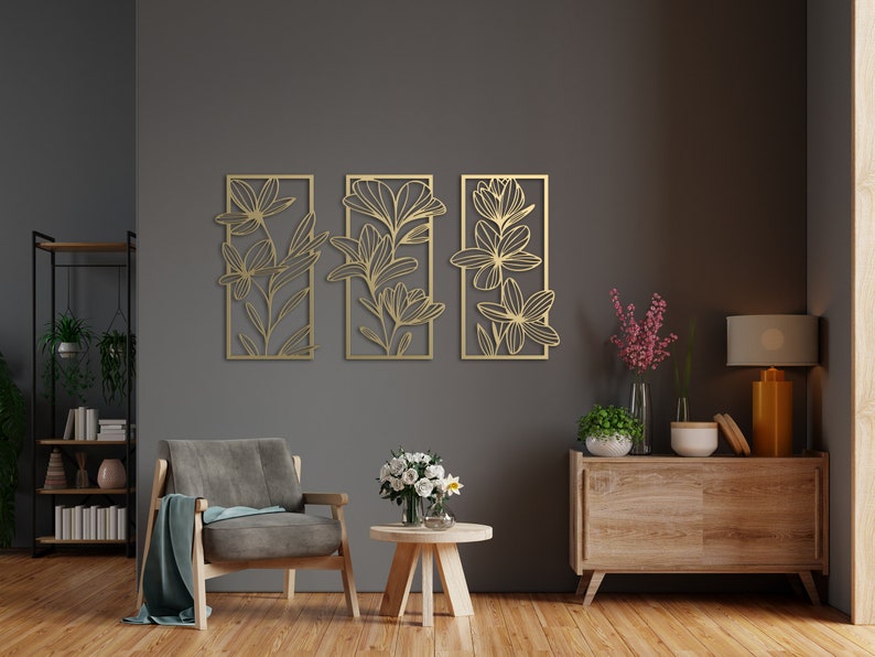 3 Piece Gold Flower Wall Art Floral Metal Wall Decor Bedroom Etsy