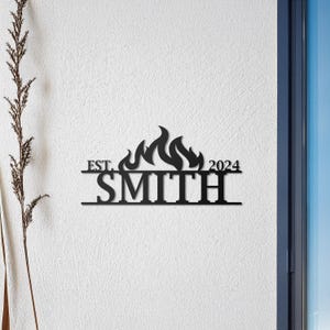 Custom Metal Family Name Sign - EST. Year Flame Design Wall Art - Personalized Outdoor Home Decor, Housewarming Gift
