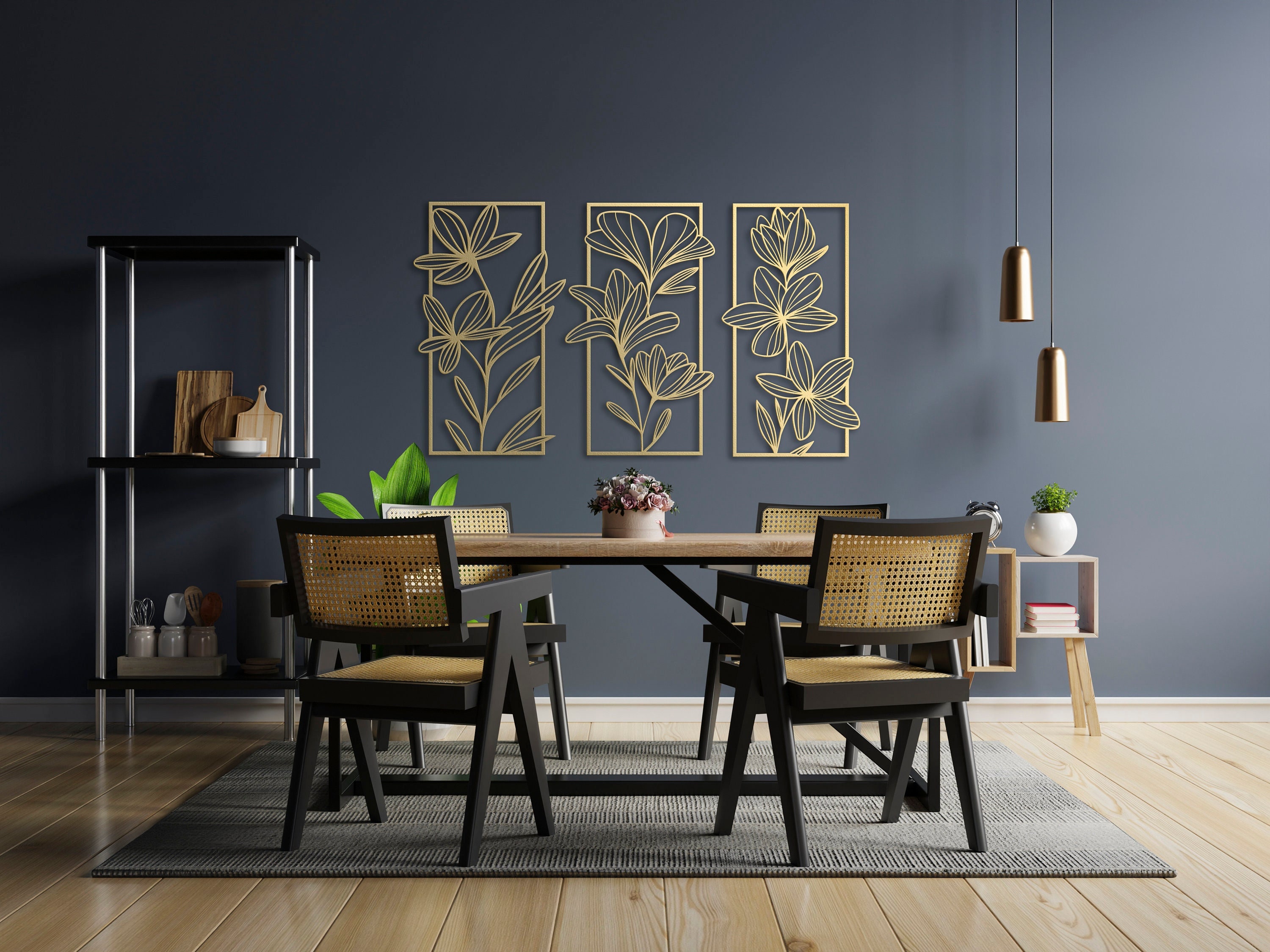 3 Piece Gold Flower Wall Art Floral Metal Wall Decor Bedroom Etsy