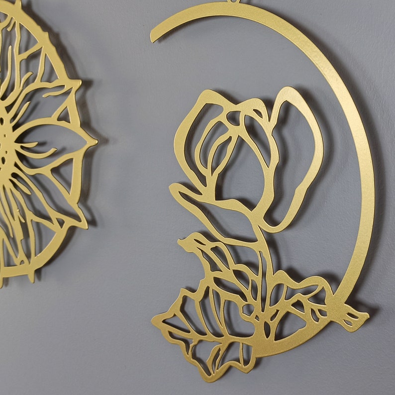 Gold Floral Moon Phase Metal Wall Art, Bedroom Wall Decoration, Metal Art, Moon Wall Art, Moon Decor, Housewarming Gift, image 4