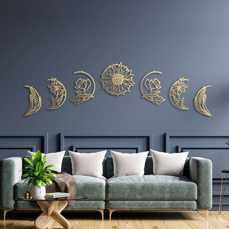 Gold Floral Moon Phase Metal Wall Art, Bedroom Wall Decoration, Metal Art, Moon Wall Art, Moon Decor, Housewarming Gift, image 7