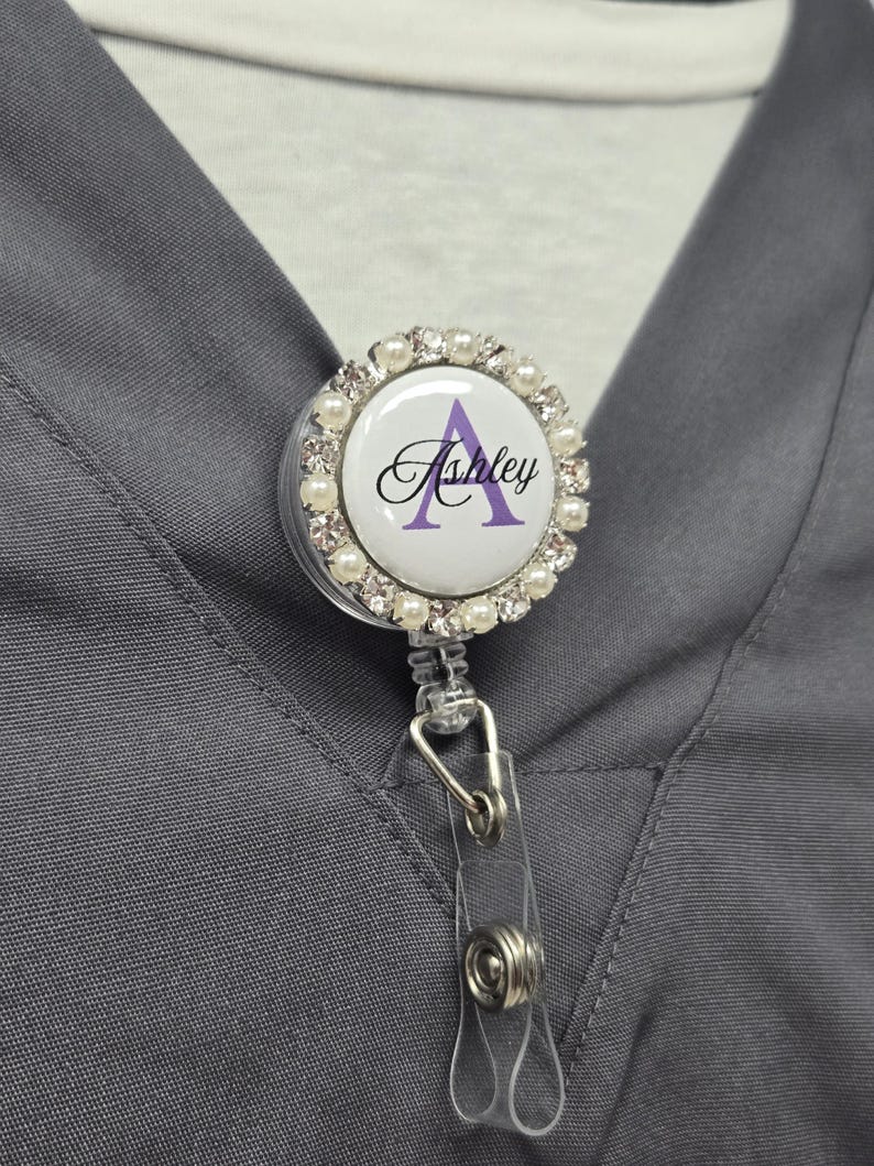 Personalized Pearl & Rhinestone Badge Reel With Initial and Name ...