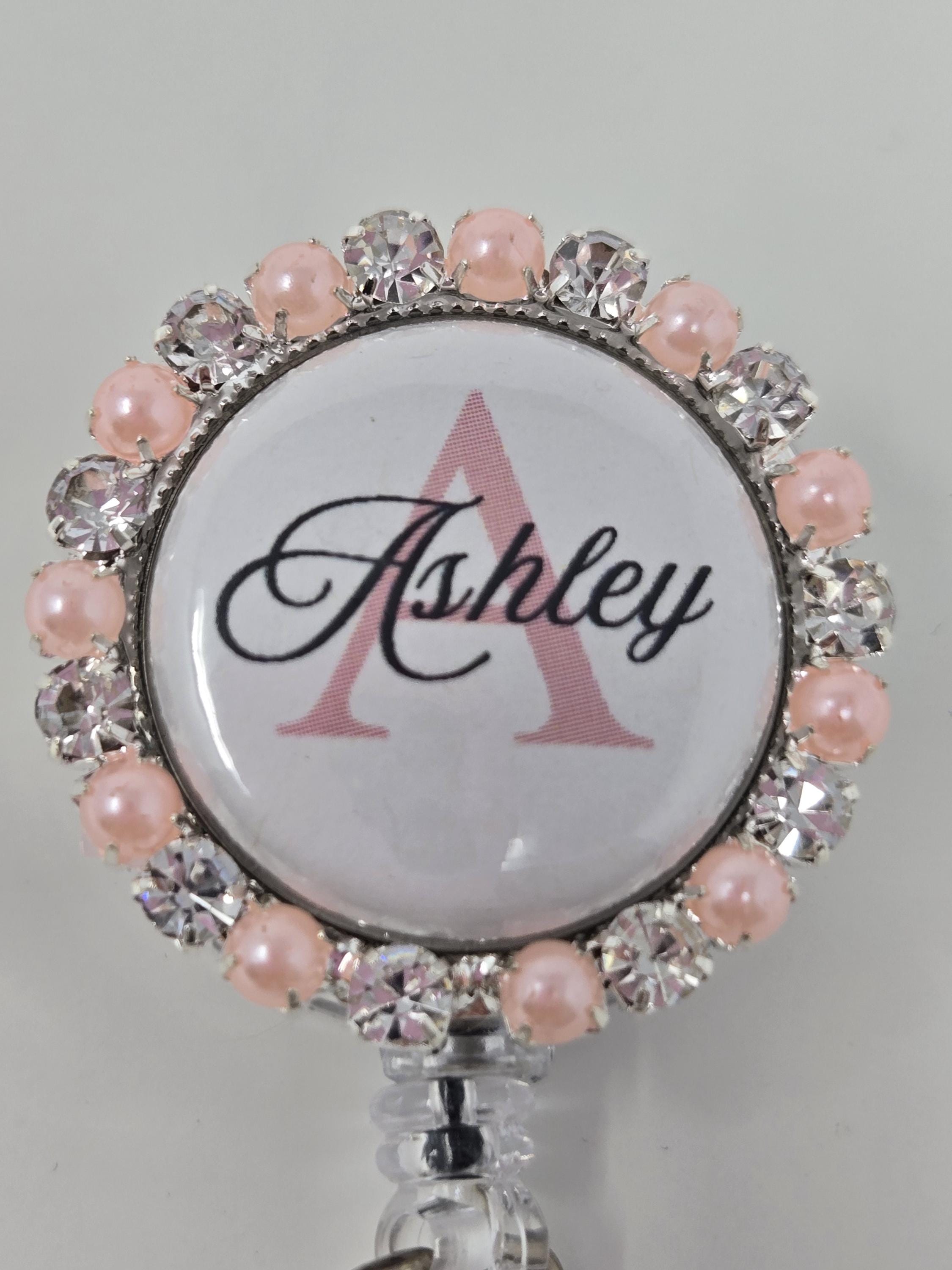 Personalized Name Badge Reel with Initial, Pink Pearl Rhinestone ID Holder, Custom Monogram Reel for Nurse, Teacher, Sparkly Badge Clip