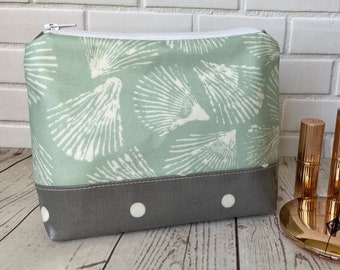 Oilcloth Turquoise Shell Cosmetics Bag, Handmade Makeup Bag, Ladies Wash Bag, Green Zip Pouch, Birthday Gift for Mum, Travelling Gift
