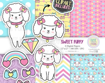 Sweet Puppy Digital Papers and Clipart / Cute Poodle / Rainbow / Ribbon / Instant Download