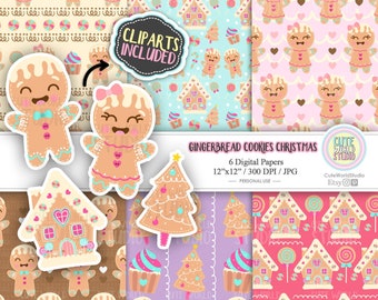 Gingerbread Cookies Christmas Digital Papers and Cliparts / Instant Download