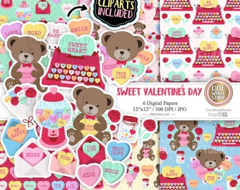 Sweet Valentines Day / Candy Heart / Typewriter / Candy Gumball Machine / Love / Teddy Bear / Digital Papers and Cliparts Instant Download