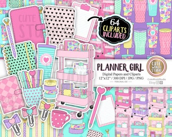 Planner Girl, Crafts Storage Cart, Planners, Pens, Notebooks, Girl Boss, Tumbler, Pink, Digital Papers and Cliparts Instant Download