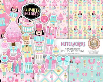 Nutcracker / Pink / Christmas Tree / Wreath / Bow / Cute / Xmas / Merry Christmas / Nutcrackers Digital Papers and Cliparts Instant Download