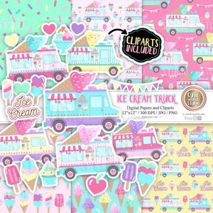 Ice Cream Truck / Ice Cream Party / Popsicle / Ice Cream Cone  / Sprinkles / Pink / Cute /  Digital Papers and Cliparts Instant Download