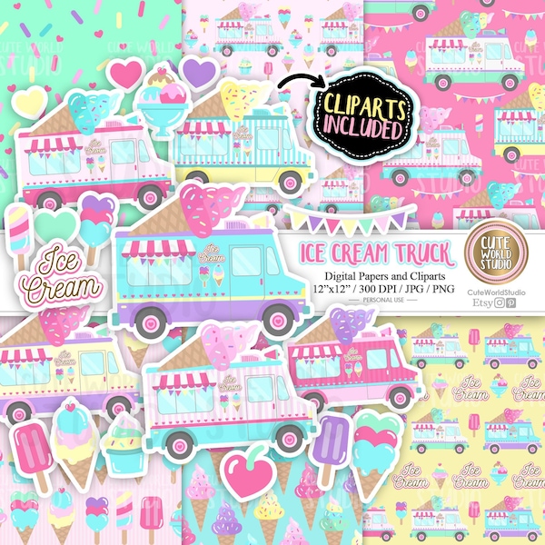 Ice Cream Truck / Ice Cream Party / Popsicle / Ice Cream Cone  / Sprinkles / Pink / Cute /  Digital Papers and Cliparts Instant Download