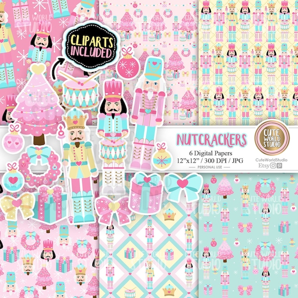 Nutcracker / Pink / Christmas Tree / Wreath / Bow / Cute / Xmas / Merry Christmas / Nutcrackers Digital Papers and Cliparts Instant Download