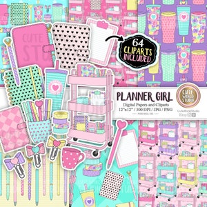 Planner Girl, Crafts Storage Cart, Planners, Pens, Notebooks, Girl Boss, Tumbler, Pink, Digital Papers and Cliparts Instant Download