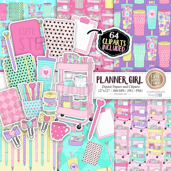 Agenda Girl, chariot de rangement pour travaux manuels, agendas, stylos, cahiers, Girl Boss, gobelet, rose, papiers numériques et cliparts Téléchargement immédiat