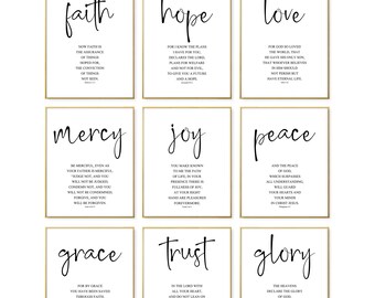 16x20, 24x36, size A1,  Christian Quotes Wall Art, Church Set of 9 Prints, Faith Hope Peace Grace Joy Trust Glory Love Mercy, Scripture Gift