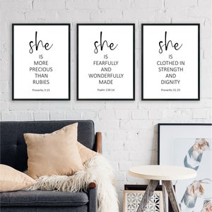 Hon är långt mer värdefull än rubiner, hon är klädd i styrka och värdighet, hon är ett leende utan rädsla för framtiden, Ordspråksboken 31:25, 3:15,