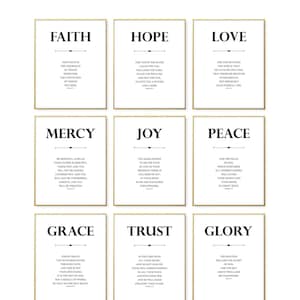 Könnte beinhalten: Neun weiße quadratische Karten mit goldenen Rändern, jede mit einem anderen Wort in fetten schwarzen Buchstaben: Glaube, Hoffnung, Liebe, Barmherzigkeit, Freude, Frieden, Gnade, Vertrauen und Herrlichkeit. Jede Karte enthält einen Bibelvers, der sich auf das Wort bezieht.
