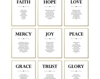 16x20, 24x36, size A1,  Christian Quotes Wall Art, Church Set of 9 Prints, Faith Hope Peace Grace Joy Trust Glory Love Mercy, Scripture Gift