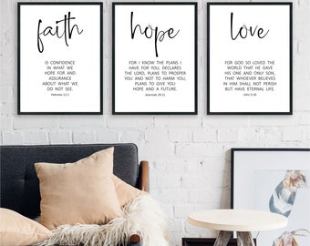 16x20 Print, Faith Hope Love Set of 3 Prints in Farmhouse Script Font Style, Christian Decor, Believer Scripture Gift,Bible Verse Wall Art