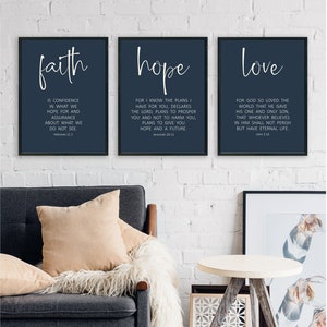 24x36, Faith Hope Love, Set of 3 Prints Farmhouse Navy Blue Decor wall art print, Believer Scripture Gift, Bible Verse Wall Art,Set 3 Print