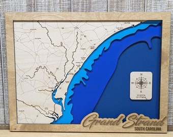 Grand Strand SC 3D Wood Map: Layered Bathymetric Wall Art