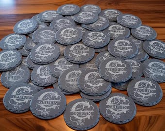 Bulk order.  100+  laser-etched slate coasters.