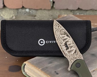 Custom Civivi Mini Praxis knife.  Engraved with deer scene.