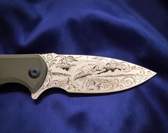 Custom Civivi Mini Praxis knife.  Engraved with BASS scene.