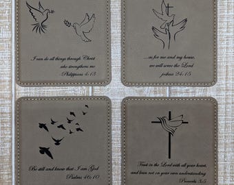 Engraved Vegan Leather Coaster Set: Bible Verse Gift