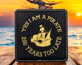 Engraved Vegan Leather Pirate Coasters - Set of 4